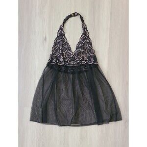 Victoria’s Secret Halter Top Babydoll Lingerie Sm Lace Sheer Black Mesh Floral